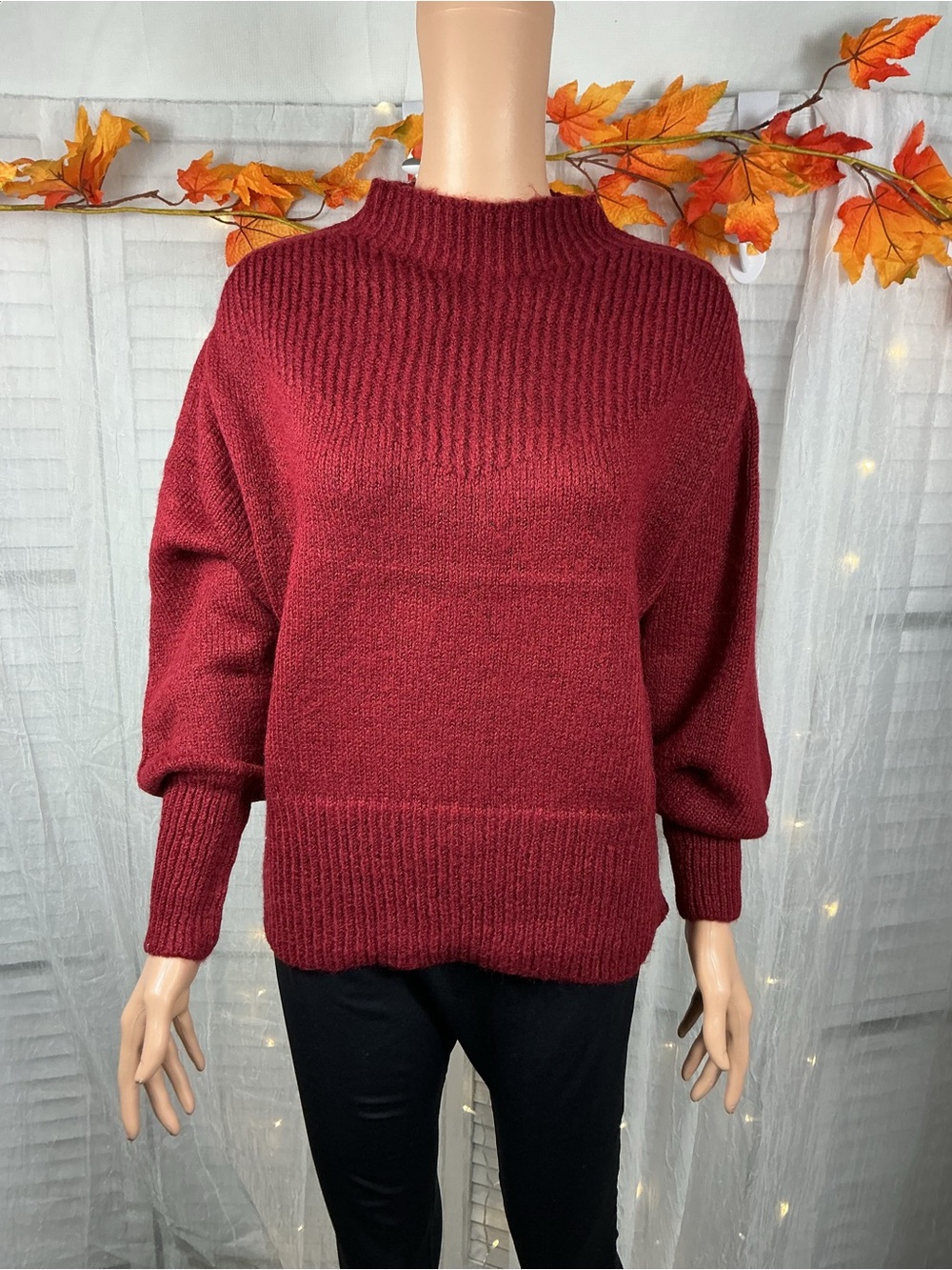 Zenana Balloon Sleeve Mock Neck Sweater - Cabernet